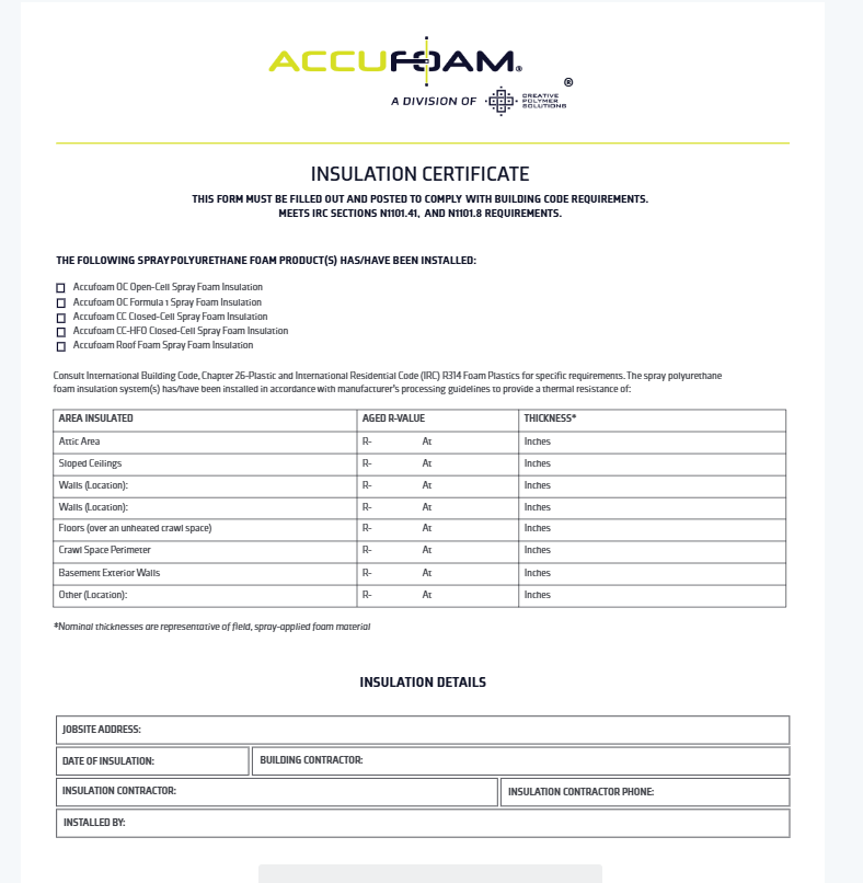 Accufoam Insulation Certificate