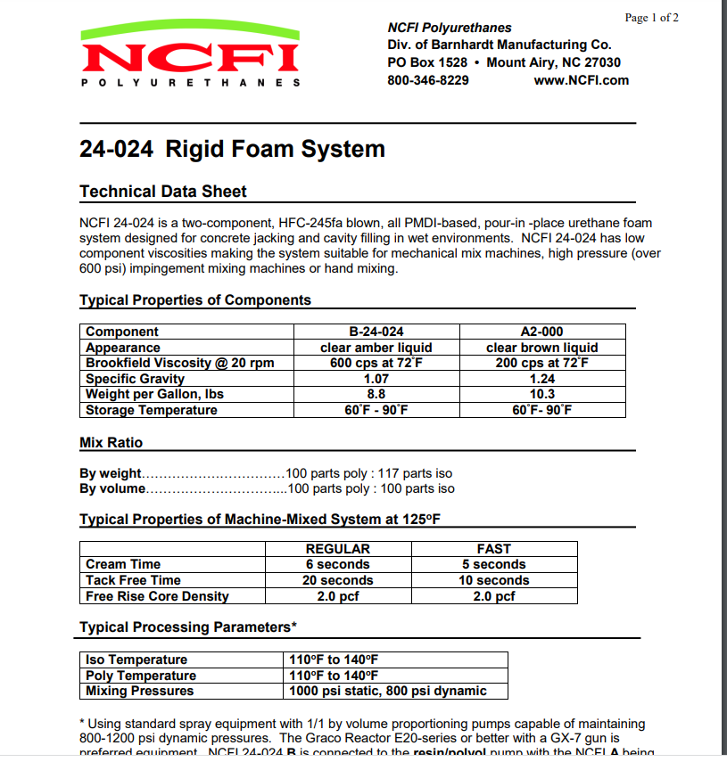 NCFI Rigid Foam System 24-024 Technical Data Sheet