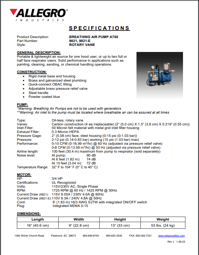 Allegro Breathing Air Pump 9821, 9821-E Specification Sheet