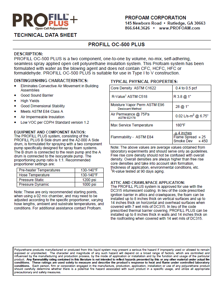 Profoam ProFill Plus High Yield Open Cell Technical Data Sheet (TDS)