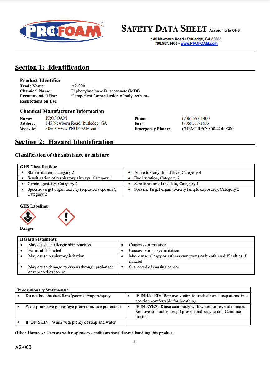 Profoam A2-000 A-Side MSDS / SDS