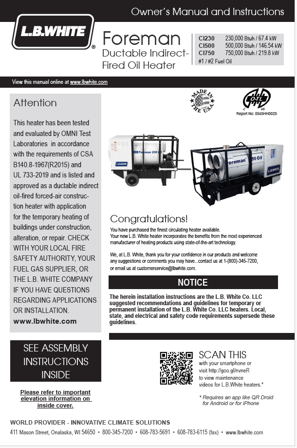 L.B. White Indirect Heater Manual