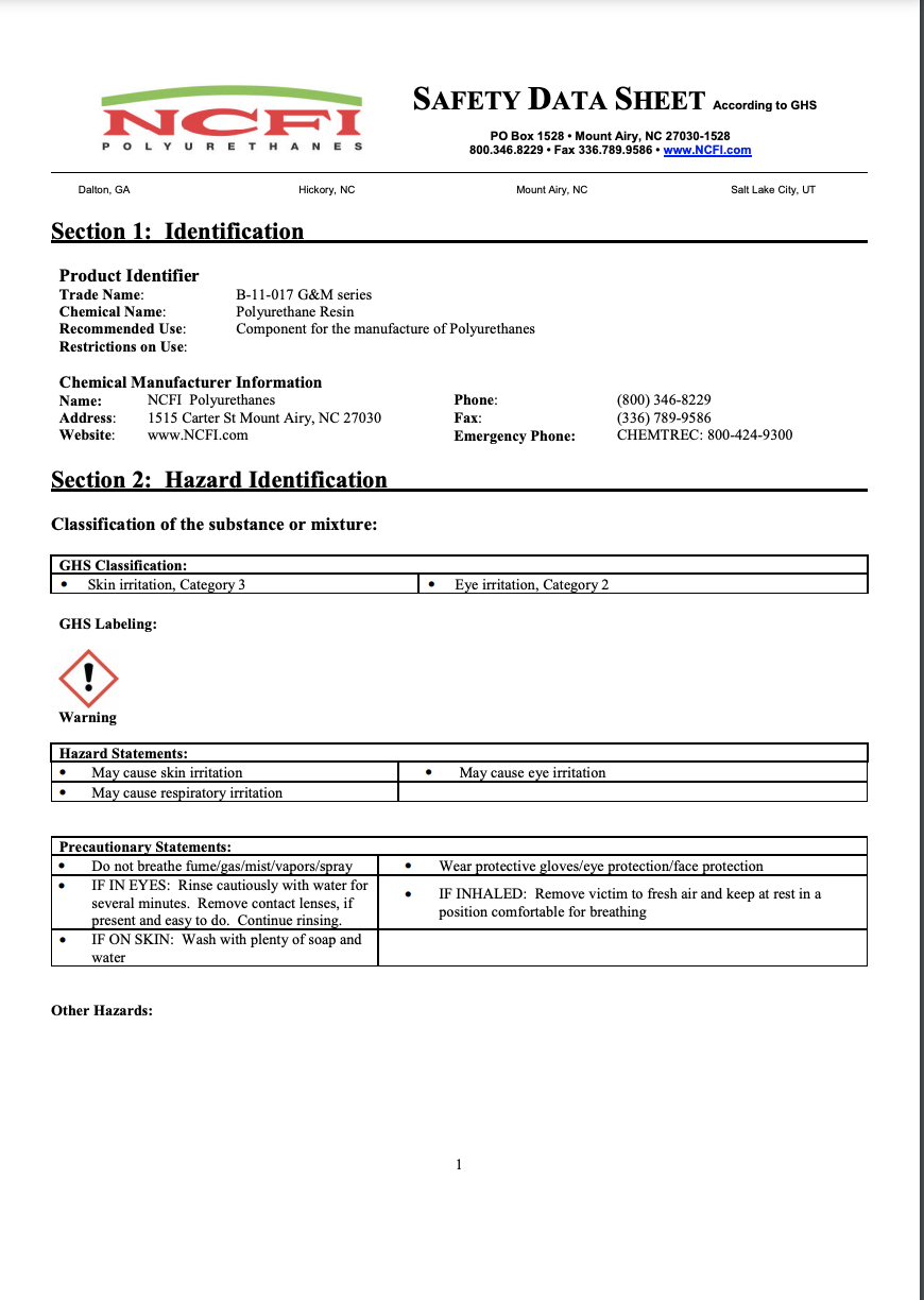 NCFI 11-017-GM-Series MSDS / SDS