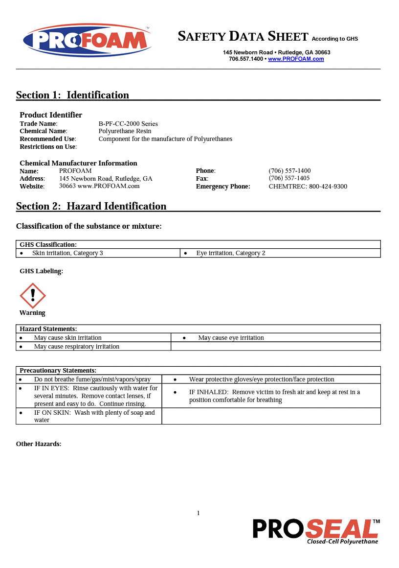 PROFOAM-CC-2000 MSDS / SDS