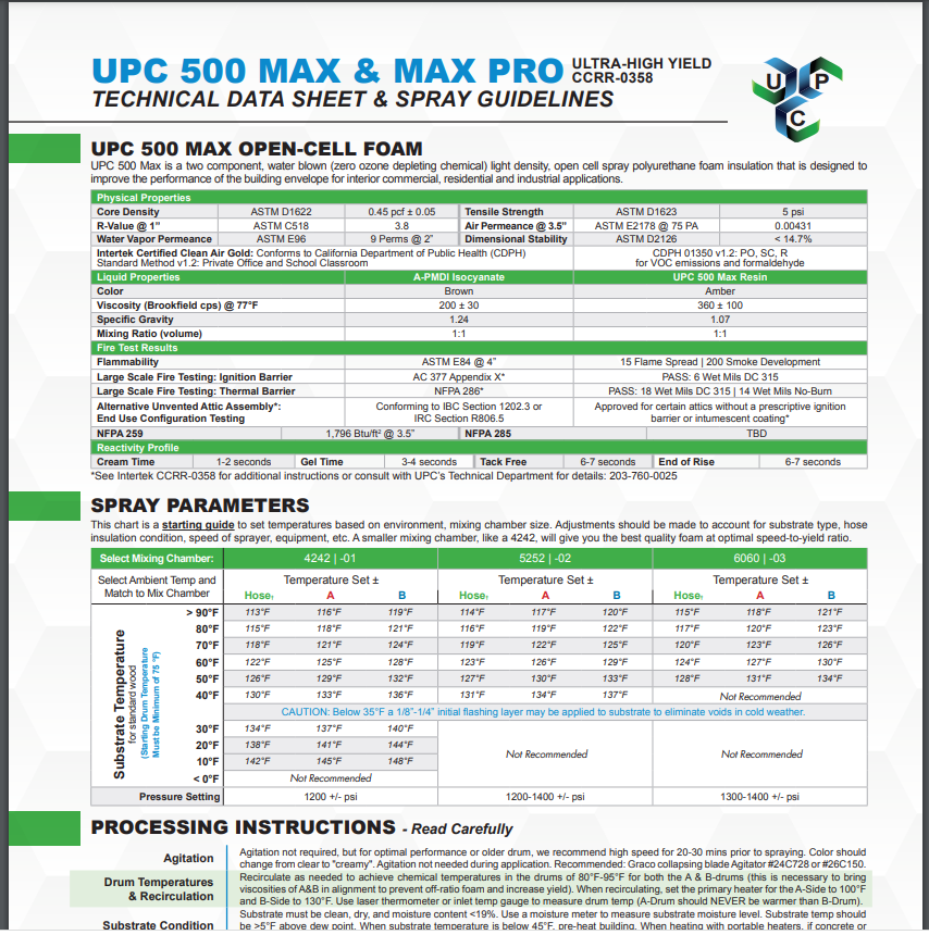 UPC 500 Max and Max Pro Technical Data Sheet (TDS)