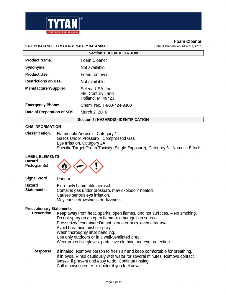 TYTAN Foam Cleaner MSDS