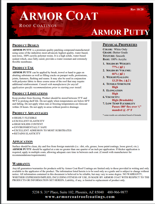 Armor Coat Armor Putty Technical Data Sheet (TDS)