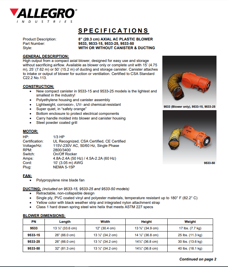 Allegro Axial Blower Specification Sheet