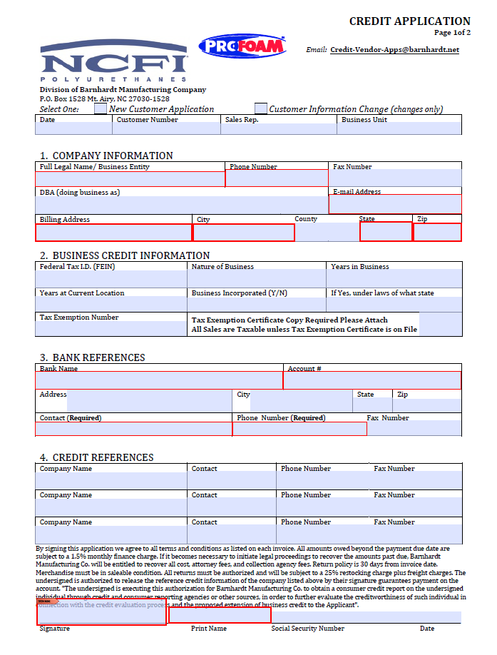 NCFI PROFOAM CREDIT APPLICATION fillable