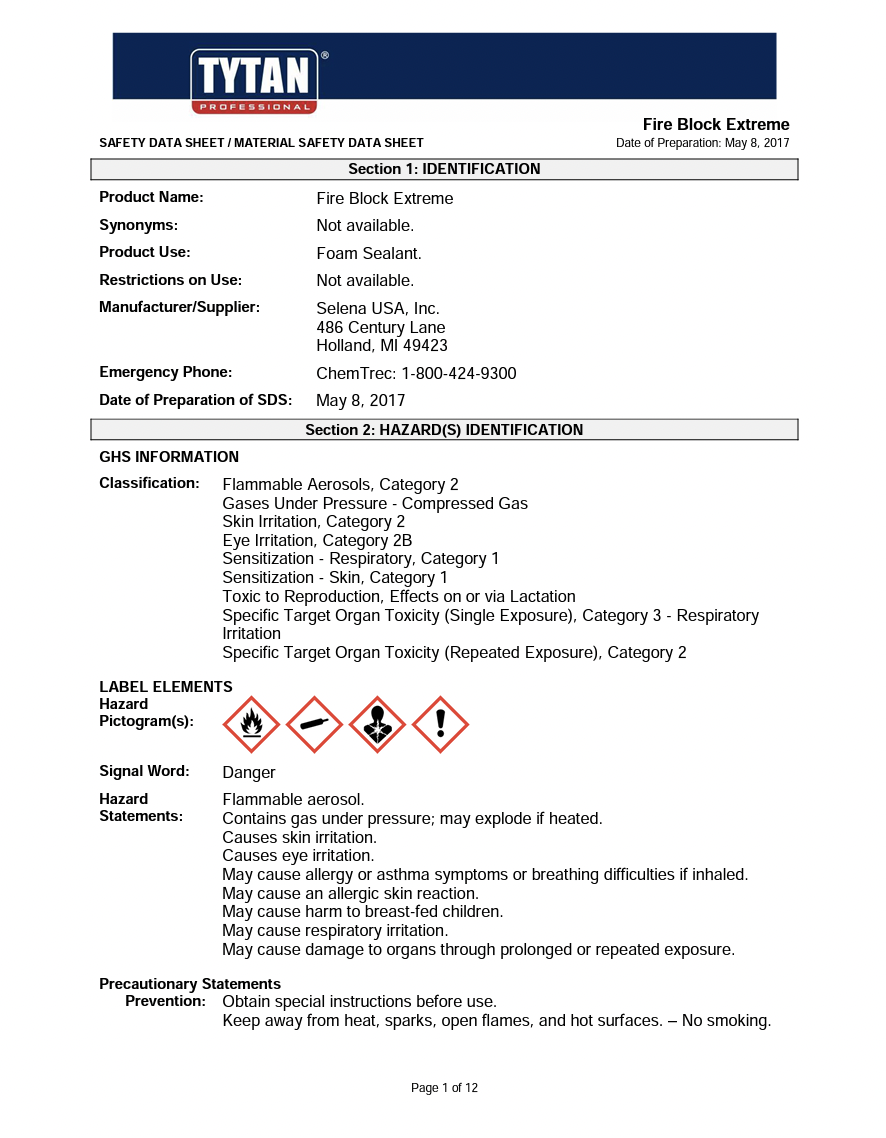 TYTAN Fire Block Extreme Gun MSDS
