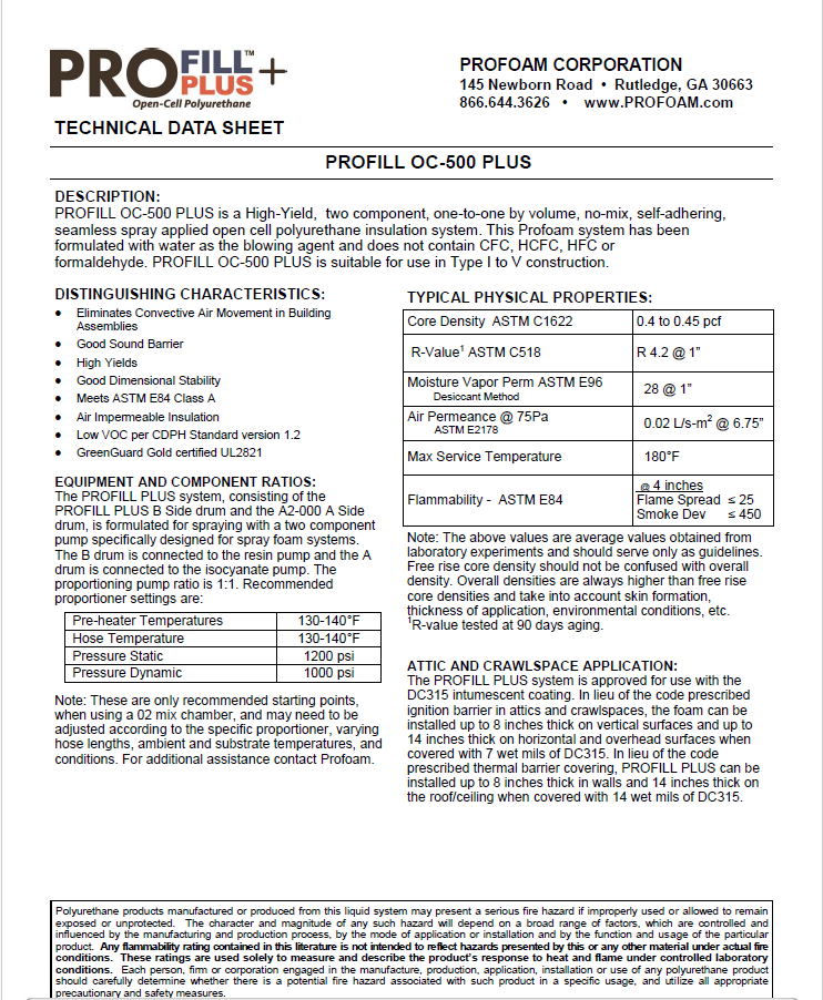 Profoam ProFill Plus High Yield Open Cell Technical Data Sheet (TDS)