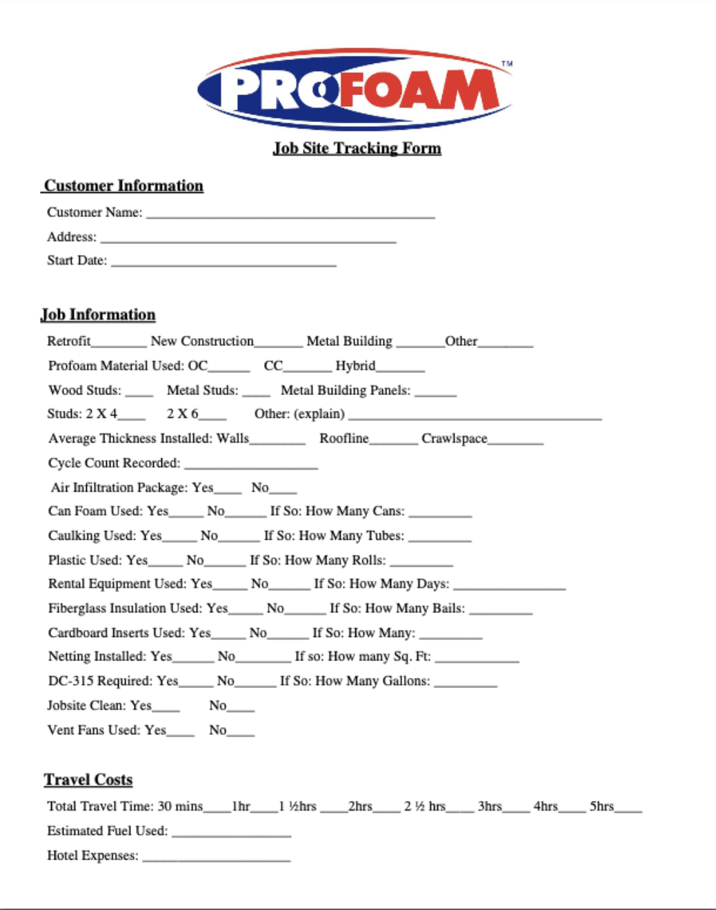 Profoam Jobsite Tracking Form