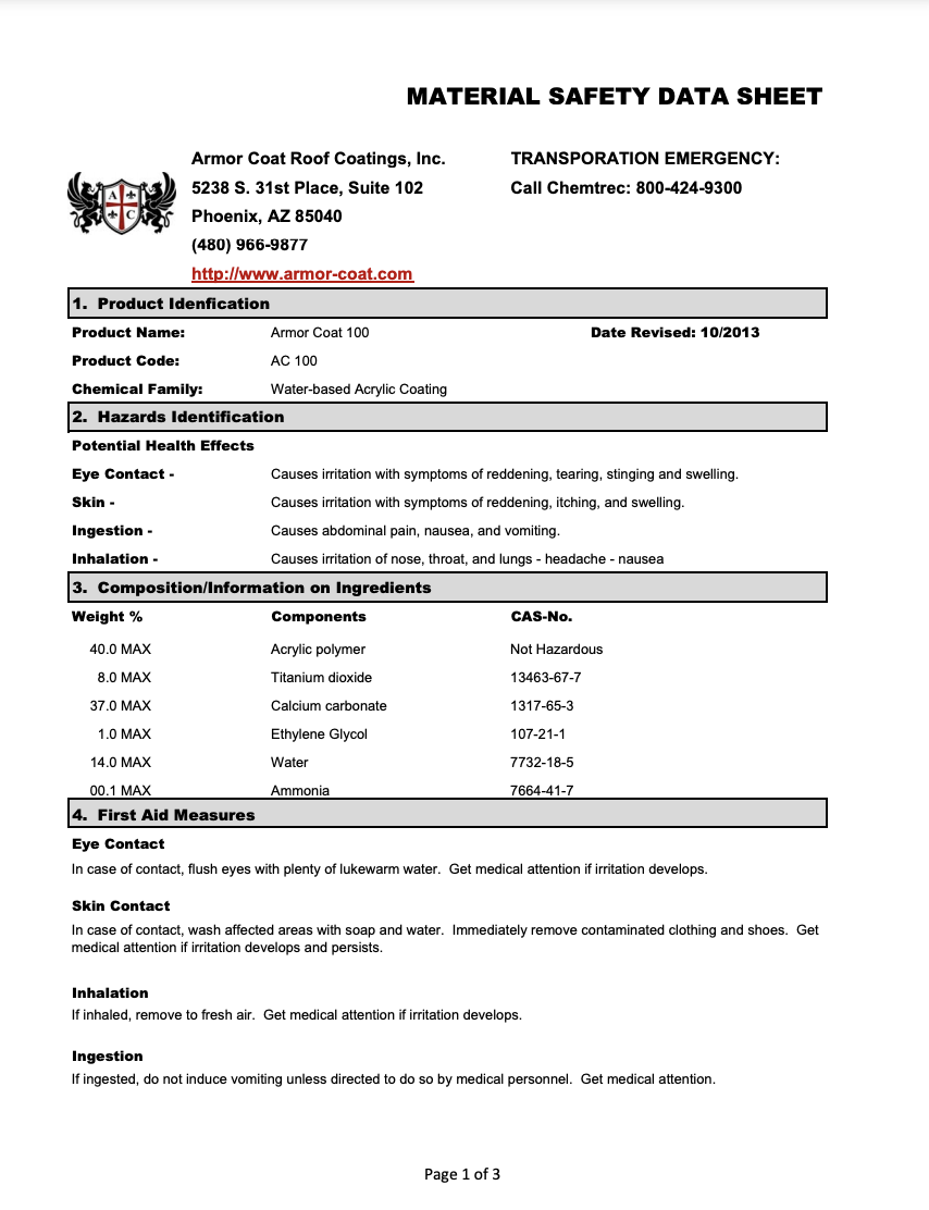 Armor Coat 100 Safety Data Sheet (SDS)