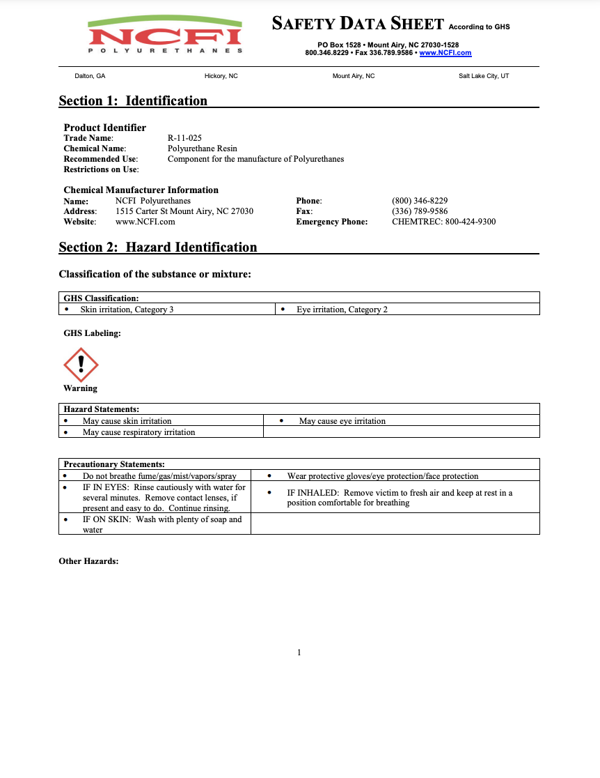 NCFI 11-025 MSDS / SDS