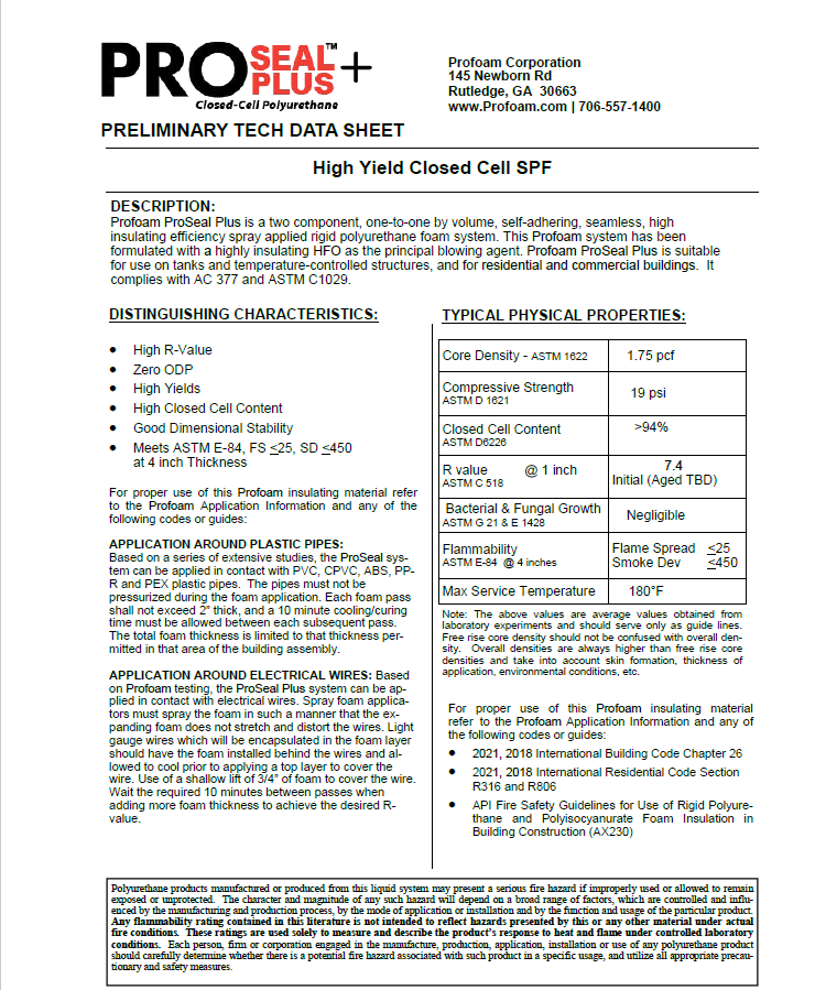 Profoam ProSeal Plus 1.7# HFO High Yield Technical Data Sheet (TDS)